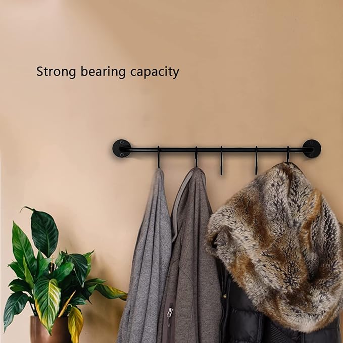 Wall Mounted Coffee Mug Holder - Black Metal Rod with 5 Removable Hooks for Kitchen or Restaurant
