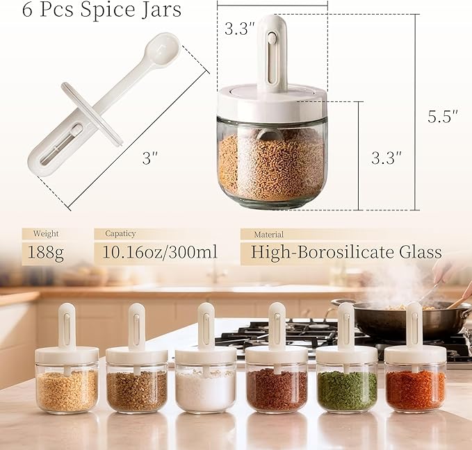 ShanSon 6-Piece Airtight Kitchen Spice Jars 10.16oz/300ml Glass Containers with Built-in Spoon for kitchen pantry