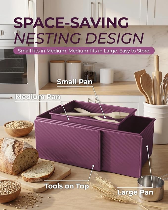 CARTMAN 3-Piece Pullman Loaf Pan with Lid Set – Non-Stick Carbon Steel Bread Pan with Bottom Vents – Includes Large (12.4"), Medium (8.2") & Mini (6.3") Sizes plus Silicone Tools – Plum Purple