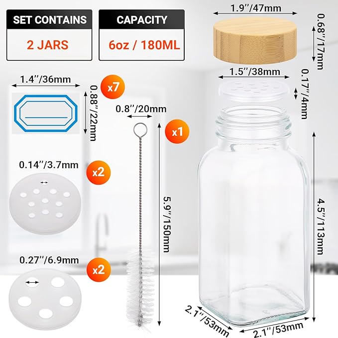 Segarty 6oz Spices Jars with Bamboo Shaker Lids, 2 PCS 180ml Square Spice Containers, Empty Glass Seasoning Organizers for Spices Herbs Storage, Large Salt and Pepper Shakers with 7 Stickers, 1 Brush