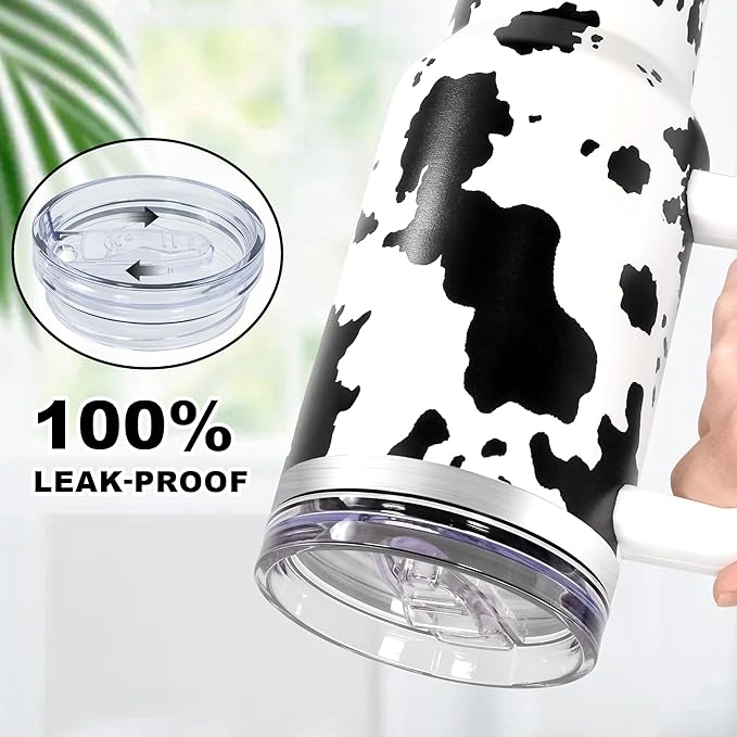 40 oz Cow Tumbler with Handle and Straw, 100% Leak-Proof Travel Mug, Stainless Steel Double Wall Vacuum Insulated Coffee Cup Keeps Cold For 34 Hours, White Cow