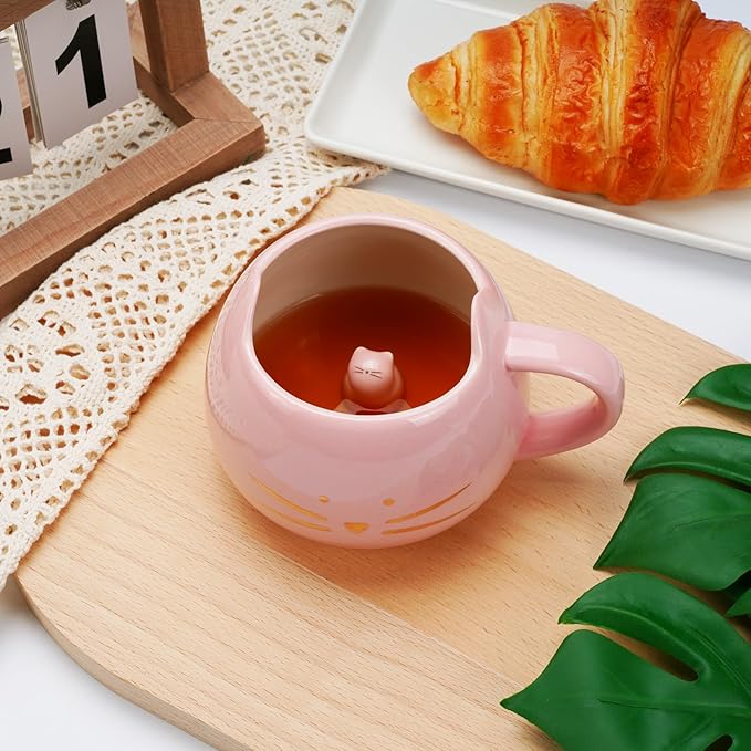 Koolkatkoo Cat Mug Cute Ceramic Coffee Mugs Hidden 3D Animal Inside Cup Novelty Tea Cup for Women Girl Gifts for Cat Lovers Holiday Mothers Day Christmas Birthday Gifts 12 oz Pink