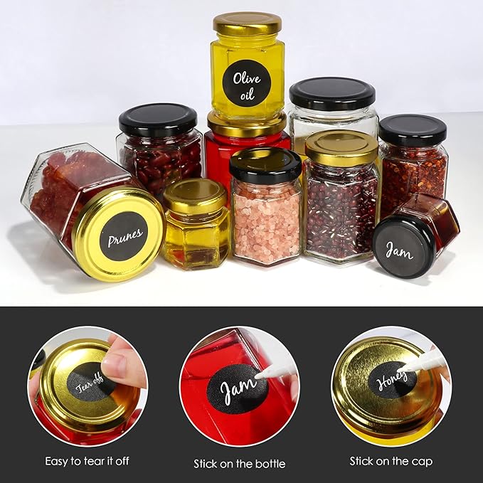 Betrome 30 Pack 6oz Hexagon Glass Jars with Gold Lids, 180ml Clear Glass Canning Jars Honey Jars Spice Jars Mason Jars for Jams, Shower Favors, Wedding Favors, Craft, 1 Pen and Labels Included