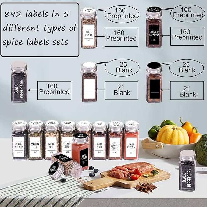 SWOMMOLY 892 Spice Jar Labels in 5 Different Types of Spice Labels with Chalk Marker Set.800 Printed Spice Labels with 92 Extra Write-on Labels Stickers for DIY, Waterproof & Tear-Resistant.