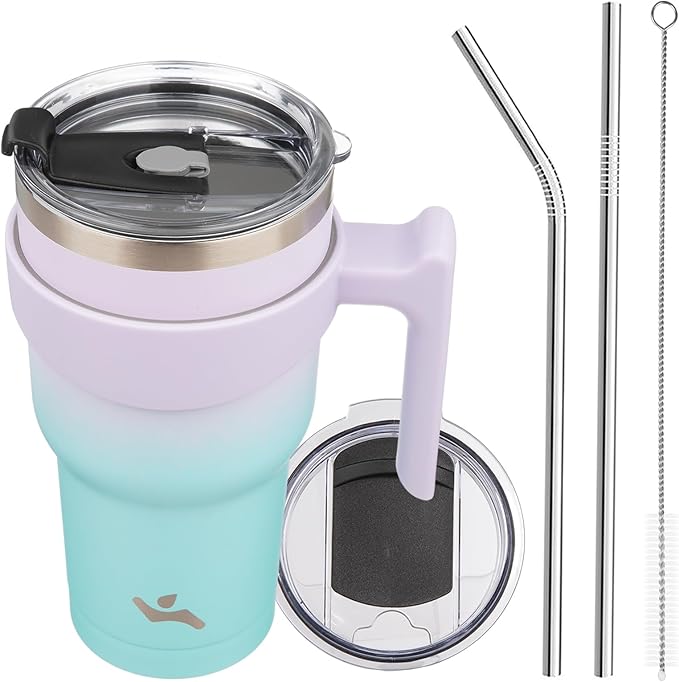30 oz Tumbler with Handle and 2 Straw 2 Lid, Insulated Water Bottle Stainless Steel Vacuum Cup Reusable Travel Mug, Lavender Green