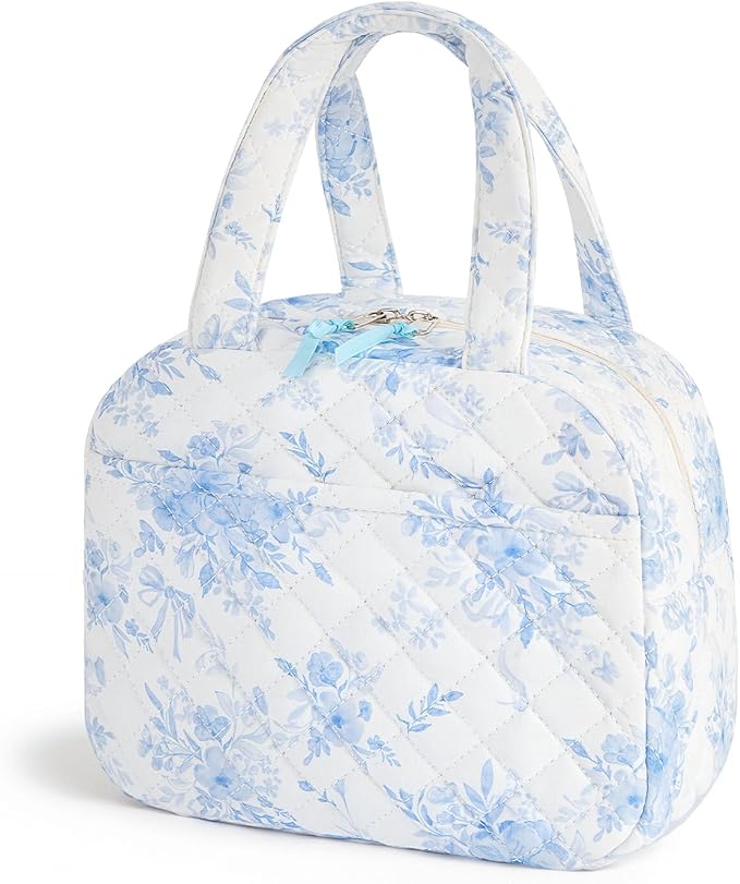 Quilted Lunch Box for Women,Coquette Aesthetic Lunch Box for Teen Girls,Cute Blue Floral Lunch Bags for Work, School,Office,Picnic,Travel (Big Blue Floral)