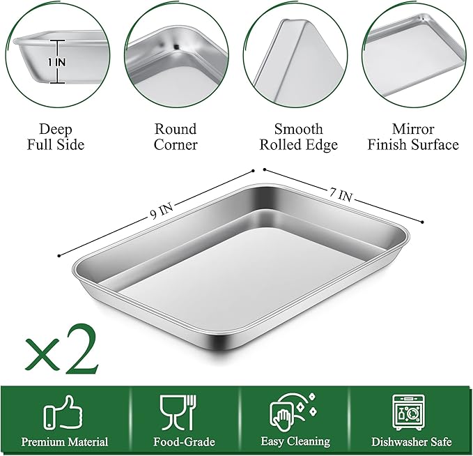 P&P CHEF 9 Inch Toaster Oven Pan with Rack Set, Stainless Steel Baking Pan Tray and Grid Cooling Rack for Cooking/Roasting, Dishwasher Safe & Easy to Clean, Non-toxic & Sturdy, (4Pcs)
