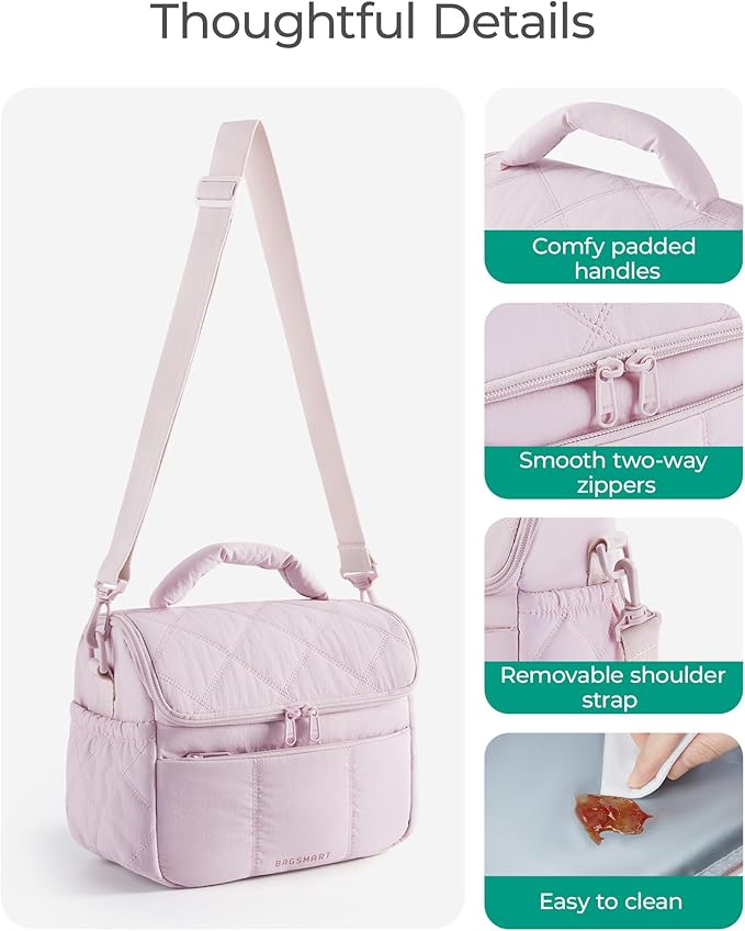 BAGSMART Insulated Lunch Bags for Women, Cute Quilted Lunch Box, Lightweight Puffy Padded Waterproof Lunch Tote, Reusable Lunch Cooler for Work Picnic Travel, Brown Checkerboard