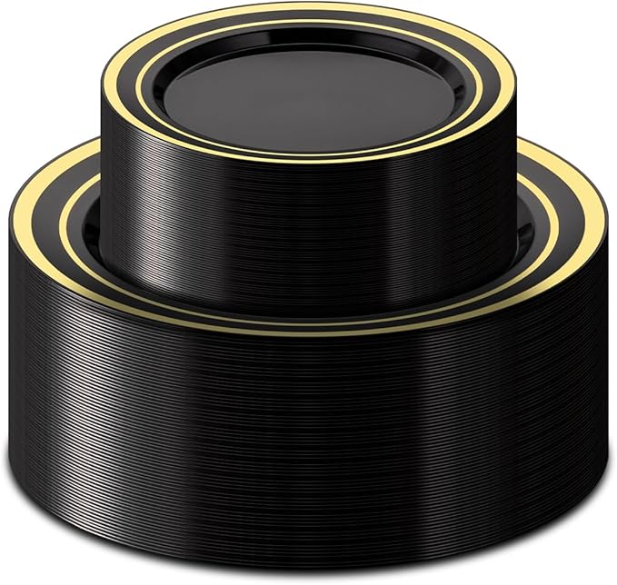 BESTSTAR 100PCS Black Plastic Plates Set with Gold Rim, 50 10.25 inch Dinner Plates and 50 7.5 inch Dessert Plates, Premium Disposable Plates forfor Party, Wedding, Holiday