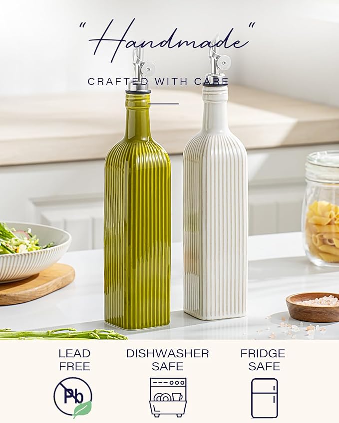 getstar 18 oz Olive Oil Dispenser Bottle for Kitchen, Ceramic Oil Bottle with Automatic Stainless Steel Pourer (Silver Pourer, Vintage White)