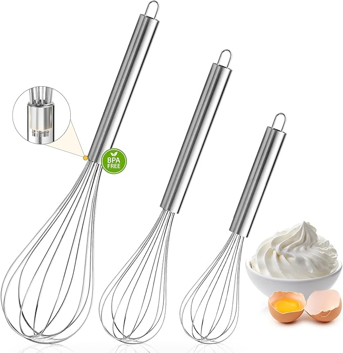 OOKUU Stainless Steel Wire Whisk Set - 3 Packs Balloon Whisk, Thick Wire Wisk ＆ Strong Handles, Egg Frother for Cooking, Blending, Whisking, Beating and Stirring (8"+10"+12")