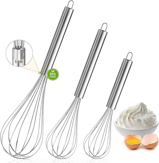OOKUU Stainless Steel Wire Whisk Set - 3 Packs Balloon Whisk, Thick Wire Wisk ＆ Strong Handles, Egg Frother for Cooking, Blending, Whisking, Beating and Stirring (8"+10"+12")