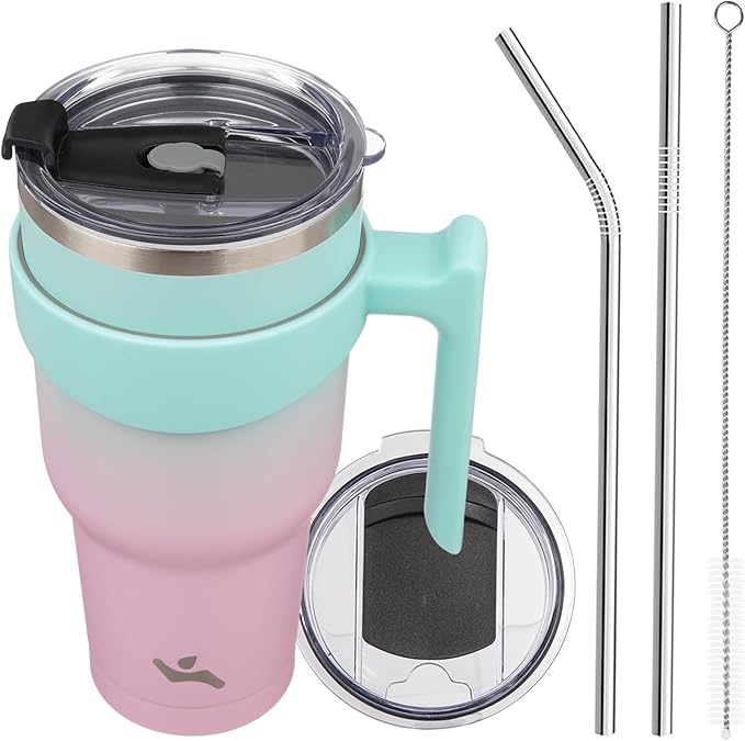 40 oz Tumbler with Handle and 2 Straw 2 Lid, Insulated Water Bottle Stainless Steel Vacuum Cup Reusable Travel Mug,Gum