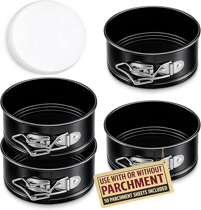 Tellshun 4 Pack Small Springform Cheesecakes Pan Tins Set 4 Inch Mini Baking Mold 4 Pieces Round Leakproof Nonstick Removable Bottom Bakeware for Pie Pizzas and Quiches Includes 50Pcs Parchment Paper