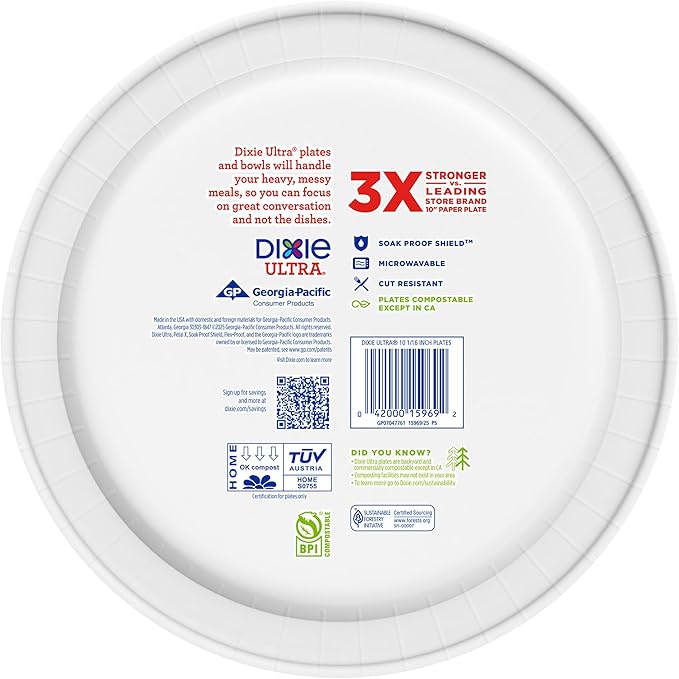 Dixie Ultra, Large Paper Plates, 10 Inch, 100 Count, 3X Stronger*, Heavy Duty, Microwave-Safe, Soak-Proof, Cut Resistant, Disposable Plates For Heavy, Messy Meals