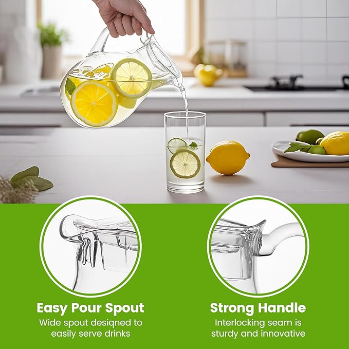 Middle Size Clear Plastic Pitcher with Lid (72 oz), Unbreakable Water Pitcher with Handle, Fridge Jug, BPA-Free, Shatter-Proof, Great for Iced Tea, Sangria, Lemonade, Juice, Milk, and More