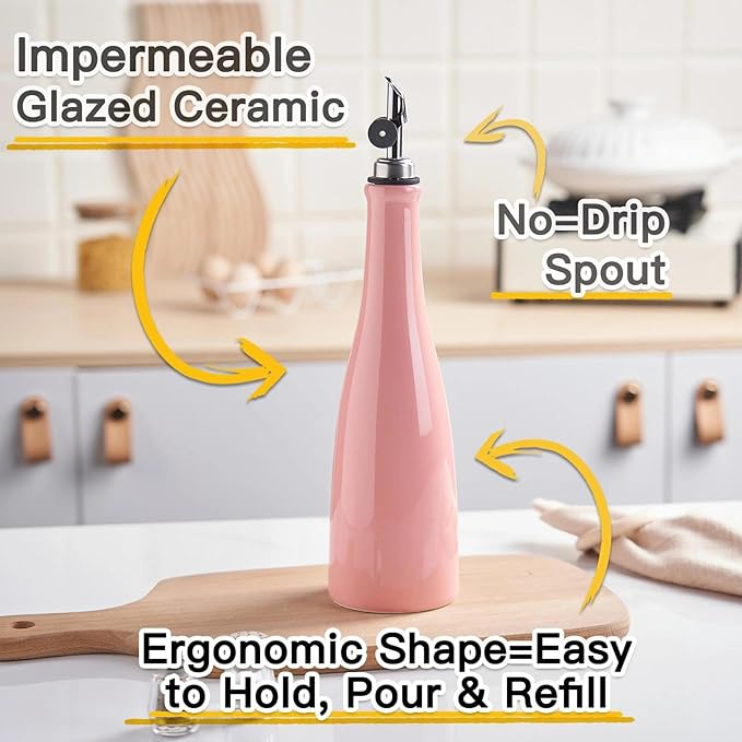 YOLIFE Olive Oil Dispenser Bottle, 16oz Ceramic Oil Dispenser for Kitchen, Oil Bottle with Gravity Spout, Leak Proof EVOO Dispensing Bottle with 2 Spouts and 1 Funnel for Vinegar, Juice(Pink)