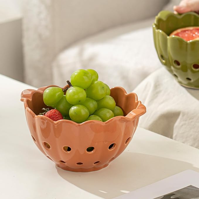 Cute Scallop Edge Ceramic Colander with Handles(7.6"),Round Colorful Berry Basket, Small Fruit Container for Strawberry, Cherry & Kitchen Counter,Cinnamon Orange