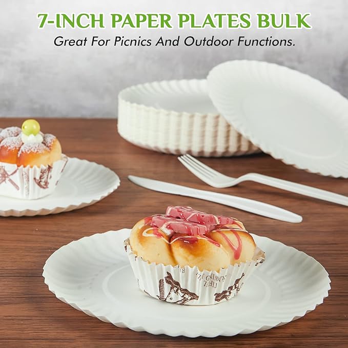 FOCUSLINE 7 Inch Paper Plates, White Paper Plates Uncoated, Everyday Disposable Dessert Plate 7" Small Plate Bulk 1000 Count