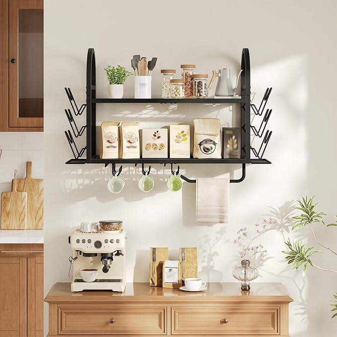 HOOBRO 30 Inch Pot Rack Wall Mounted, 2 Tier Pots and Pans Organizer with 6 Lid Holders and 10 Hooks, Wall-Mounted Pan Hanger with Towel Bar, for Kitchen Cookware Utensils Storage, Black BB100TL01