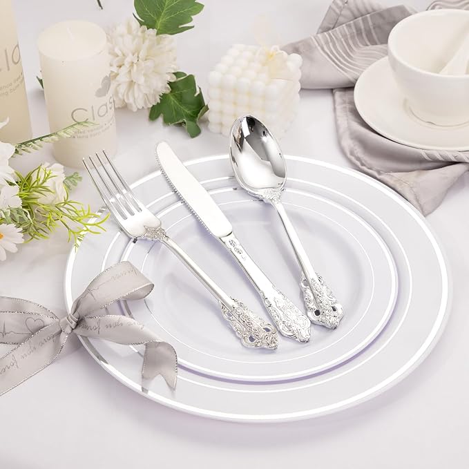 WDF 120PCS Silver Plastic Silverware - Heavy Duty Silver Plastic Cutlery Set - 40 Forks, 40 Spoons, 40 Knives, Perfect for Parties Weeding Baby Shower Spring
