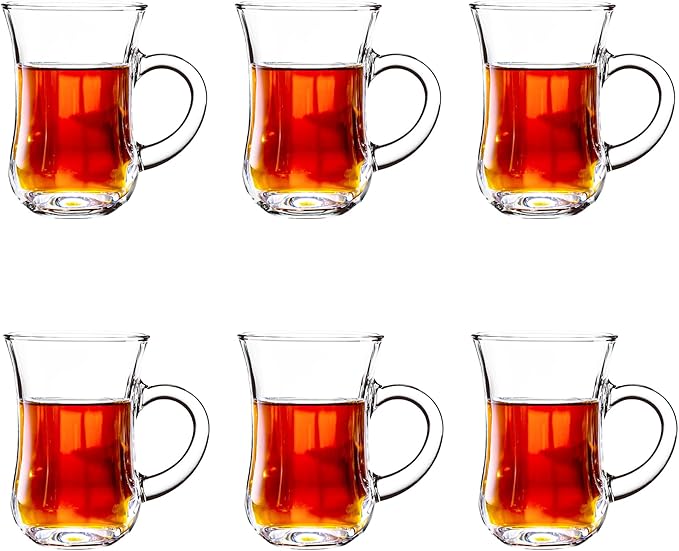 Turkish Tea Glasses With Handle - Tea Cups Set of 6 - Slim Waist Thick Sole Tea Glass for Hold Cold Drinks, 5 oz / 150ml