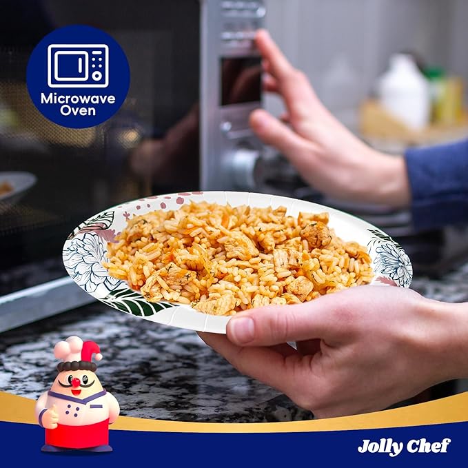 JOLLY CHEF 𝟭𝟰𝟬 𝗖𝗼𝘂𝗻𝘁 𝗣𝗮𝗽𝗲𝗿 𝗣𝗹𝗮𝘁𝗲𝘀 𝟭𝟬 𝗶𝗻𝗰𝗵 Soak Proof, Cut Proof, Heavy Duty Flower Printed Disposable Paper Plates for Everyday Use