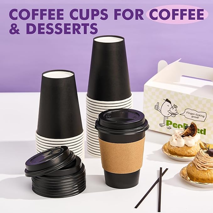 12 oz 50 Pack Black Disposable Paper Coffee Cups with Lids, Sleeves and Straws, Disposable Hot Cups for Coffee, Tea, Cocoa, Water