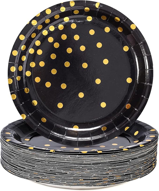 Black Gold Paper Plates 100PCS,7inch Black and Gold Dots Dessert Plates,Disposable Round Party Supplies Great for Birthday,Graduation,Retirement,Father's Day
