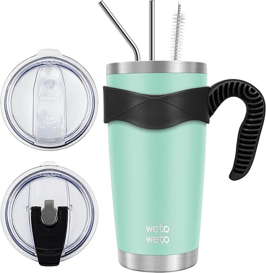WETOWETO 20oz Tumbler with 2 lids and 2 straws, Stainless Steel Vacuum Insulated Water Coffee Tumbler Cup with Handle, Double Wall Powder Coated Travel Mug Thermal Cup (Light Green, 1 Pack)