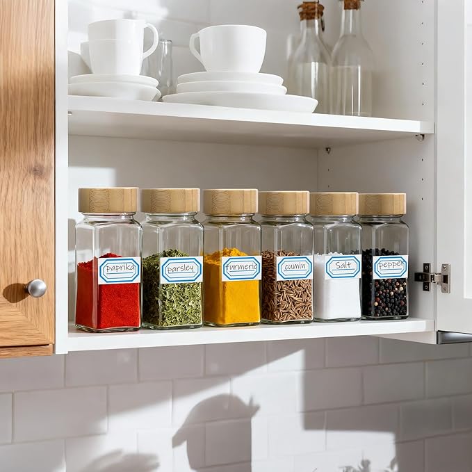 Segarty 4oz Spices Jars with Bamboo Shaker Lids, 6 Pack Square Spice Containers, 120ml Empty Glass Seasoning Organizers Spices Cereal Storage Set, Small Salt and Pepper Shakers, 7 Stickers and 1 Brush
