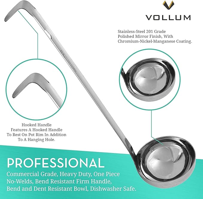 1-Piece Ladle Heavy Duty Thick Stainless Steel - 12 Ounce (4.5" Bowl Diameter, 16" Handle Length)