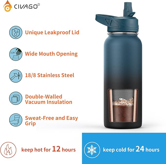CIVAGO 40 oz Insulated Water Bottle With Straw, Stainless Steel Sports Water Cup Flask with 3 Lids (Straw, Spout and Handle Lid), Double Walled Travel Thermal Canteen Mug, Sage