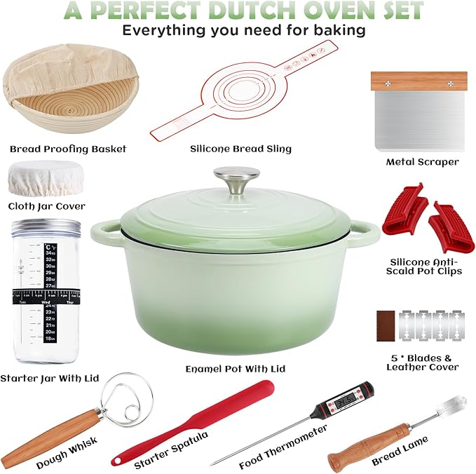 Enameled Cast Iron Dutch Oven Pot with Lid, Incl. Sourdough Bread Baking Supplies Like Banneton Bread Proofing Basket, Starter Jar, Scoring Tool Lame, 5QT Dutch Oven for Bread Baking, Oven Safe up to 500°F