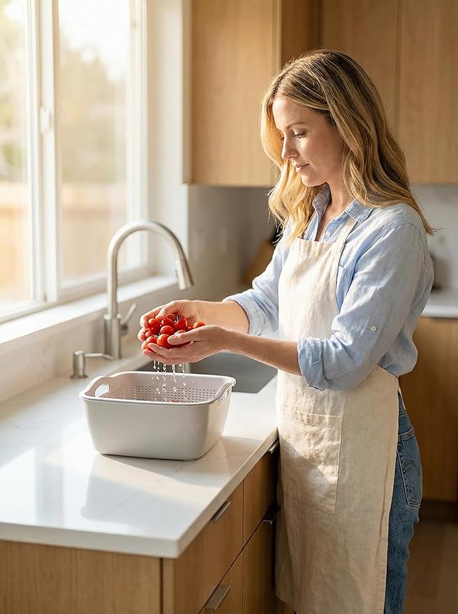 Kitchen Colander Drain Basin 2 in 1 Plastic Basket Strainer Bowl (grey), large, Gray