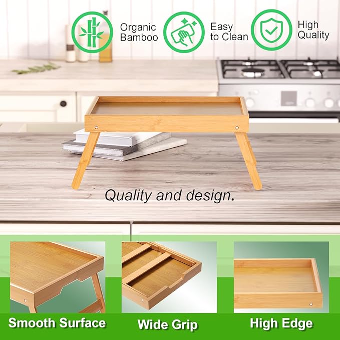 4 Pack Bamboo Bed Tray Table with Folding Legs,Breakfast Trays,Serving Tray for Food and Snack,Laptop Trays for Working(Natural)