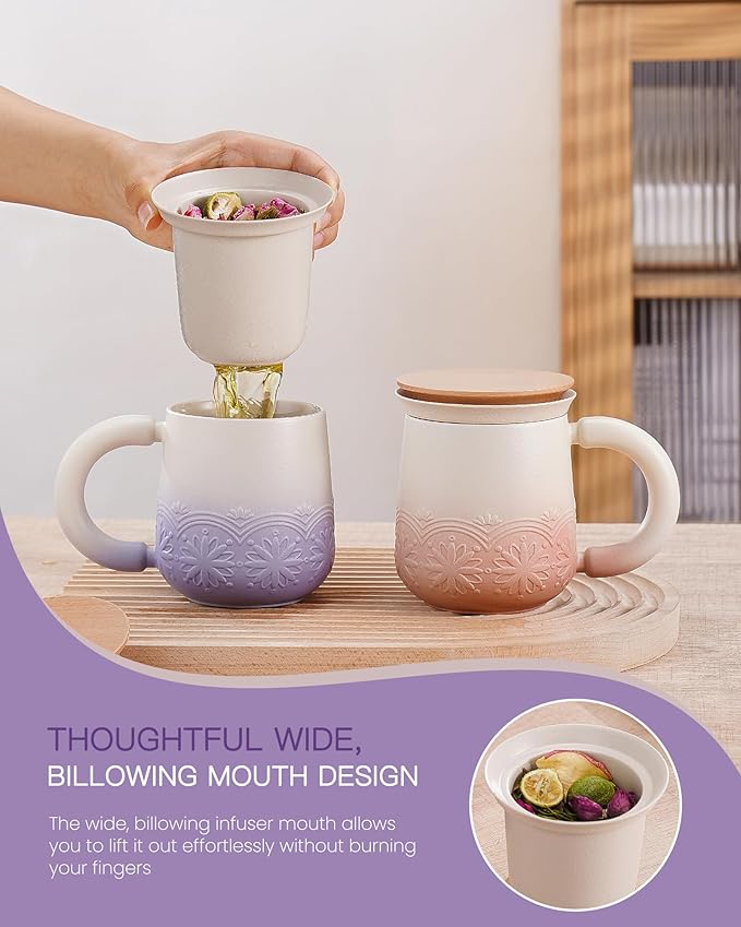 ZENS Tea Mug with Infuser and Lid for Loose Leaf Tea Steeper, 11 oz Embossed Ceramic Tea Cup with Strainers. Wood Lid Tea Diffusers Mugs for Collector's Mug Gifts, Pale Purple