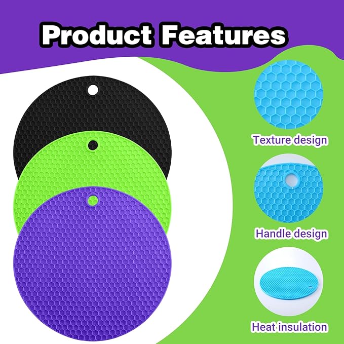 3Pcs Rubber Jar Opener,Round Large Jar Opener Gripper Pad,Multipurpose Kitchen Non-Slip Coasters for Weak Hands - 6.7x6.7inch (Black,Green,Purple)