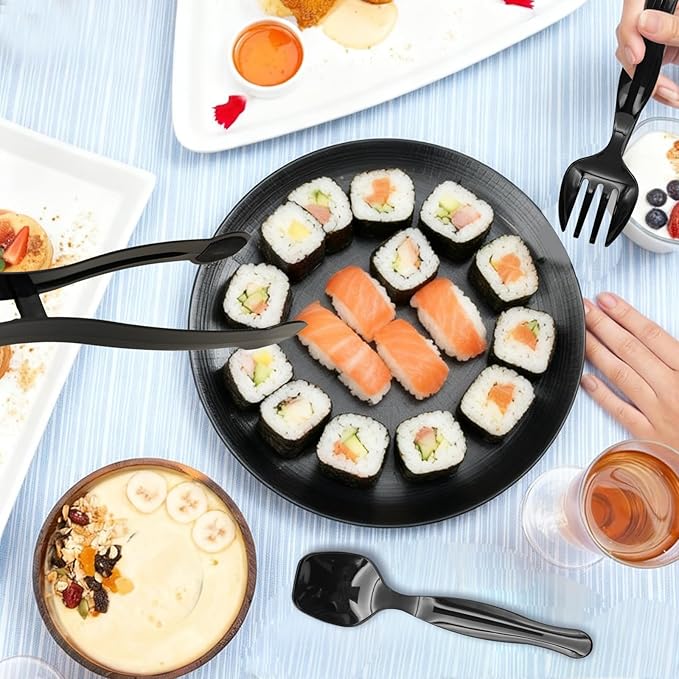 36PCS 9'' Plastic Serving Utensils Set Large Disposable Serving Spoons Forks Tongs for Serving Food Heavy Duty Black Large Party Utensils Supplies for Buffet Restaurant Dinner Salad Noodles Soup