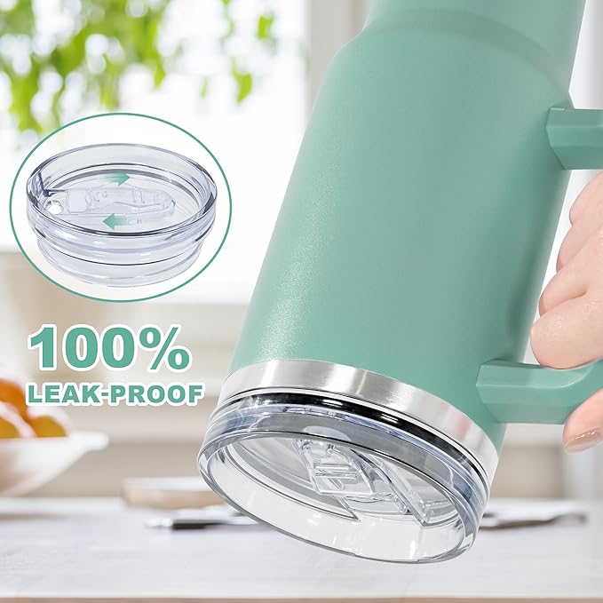 40 oz Tumbler with Handle and Straw, 100% Leak-Proof Travel Mug, Stainless Steel Double Wall Vacuum Insulated Coffee Cup Keeps Cold For 34 Hours, Dishwasher Safe, Teal