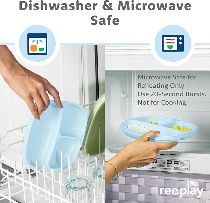 Re-Play Toddler Plates with Dividers - Deep-Walled 3 Compartments Divided Plates for Kids with 1 Lid - Dishwasher & Microwave Safe - Made in USA - Set of 3, Cool Blues