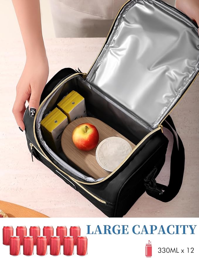 Lunch Bag for Women Men Adult Insulated Lunch Box, Leakproof Lunch Cooler Bag with Front Pocket & Adjustable Shoulder Strap, Reusable Large Lunch Tote Bag for Work Office Travel Picnic, Black