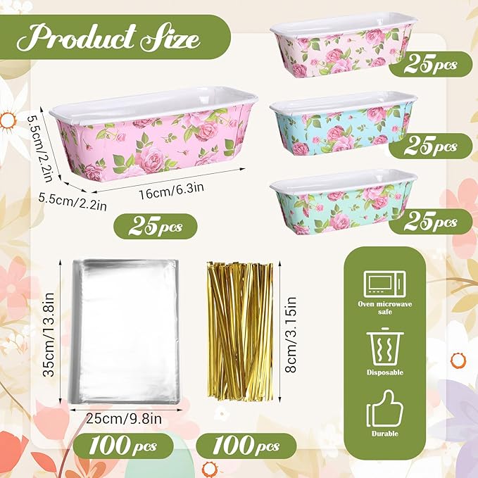 LemonRoad 100 Sets Spring Paper Loaf Pan for Baking 6.3 x 2.2 x 2.2 Inch Small Disposable Rose Flower Baking Pans with Clear Plastic Bags and Ties Rectangle Cake Mold for Bread Tea Party Supply Gift