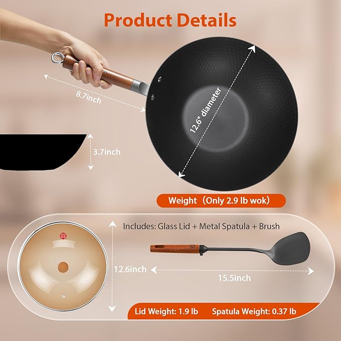 WANGYUANJI Carbon Steel Wok Pan with Lid (12.6"), Ultra-Lightweight 2.9lb Stir Fry Pan for Electric, Induction & Gas Stoves, Pre-Seasoned Flat Bottom Iron Skillet with Spatula, No Chemical Coating