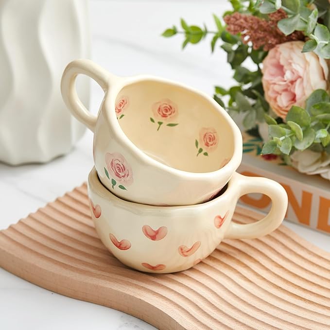 Vesici 2 Pcs Ceramic Coffee Mugs with Spoon, Vintage Floral Spring Mugs with Handle, 8.5 oz Aesthetic Flower Porcelain Tea Cup Set, Dishwasher & Microwave Safe for Home Office Gift(Heart,Rose)