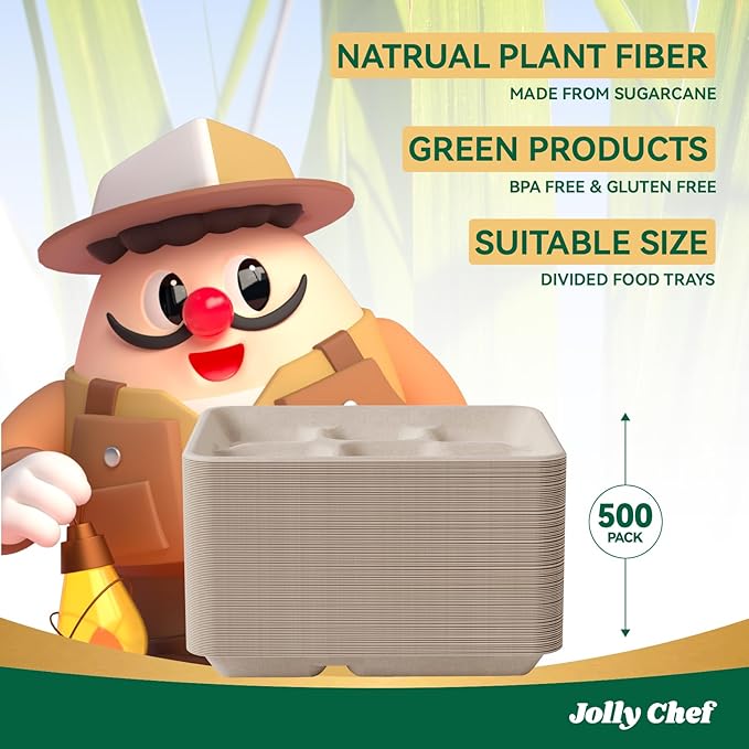 JOLLY CHEF Compostable 𝟱 Compartment Paper Plates 10 * 8.25 * 1 𝗶𝗻𝗰𝗵 [𝟱𝟬𝟬 𝗣𝗮𝗰𝗸] Small Heavy Duty Divided Disposable Eco-Friendly Biodegradable Food Trays for School Lunch Christmas(Brown)