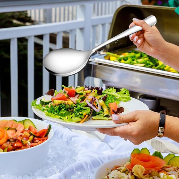 Stainless Steel Metal Serving Utensils - Large Serving sets-10" Spoons, 10" Slotted Spoons and 9" Tongs by Teivio (Silver, Set of 12)