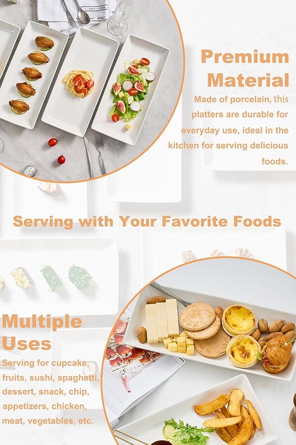 Serving Platters and Tray White Serving Dishes for Entertaining 14-inch Large Rectangle Plates for Easter, Mother's Day, Porcelain Serving Trays for Steak, Taco, Sushi, Appetizer, Party, Set of 4