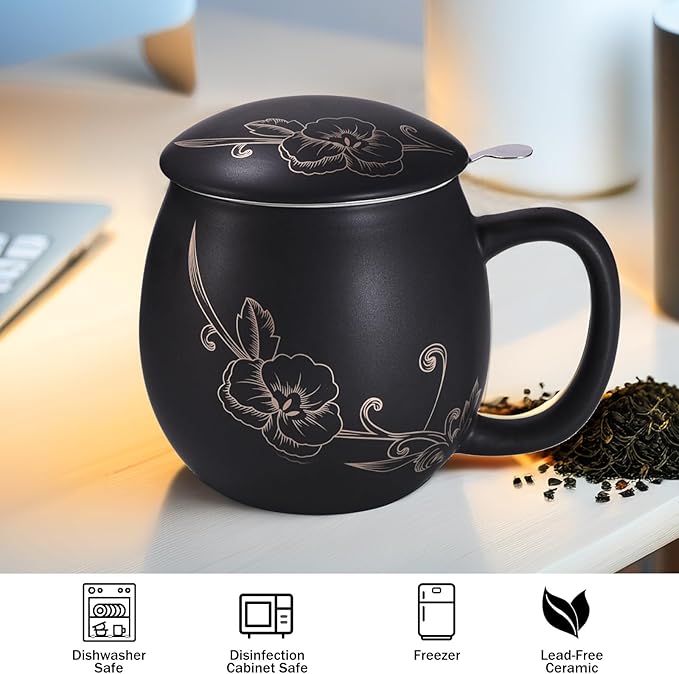 Yundu 12 OZ Ceramic Mug with Lid & Tea Strainer - Matte Black Tea Cup with Golden Flower, Stainless Steel Infuser for Loose Leaf Tea