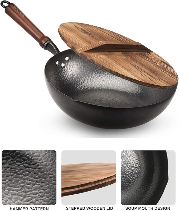 BIELMEIER Wok Pan 12.5", Woks and Stir Fry Pans with lid, Carbon Steel Wok with Cookware Accessories, Flat Bottom Suits for all Stoves